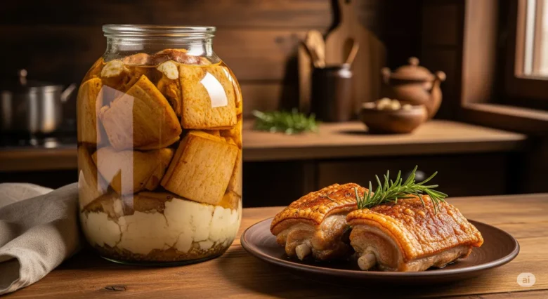 Um grande pote de vidro com pedaços de carne de porco conservados em banha, ao lado de um prato com a carne já dourada e crocante, pronta para servir.