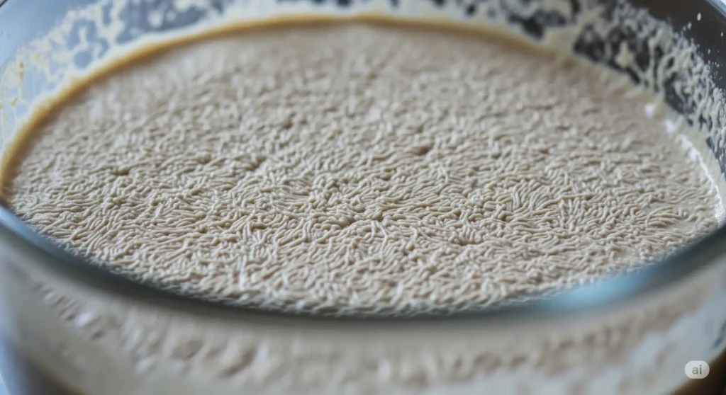 Imagem em close-up de Kahm Yeast em um fermentado, destacando sua textura de película branca e enrugada, que é inofensiva e diferente de mofo.