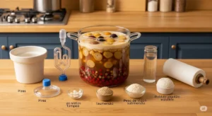 Bancada de cozinha com equipamentos essenciais para fermentação caseira, como pote de vidro, pesos de vidro e uma válvula airlock, mostrando as opções para iniciantes.