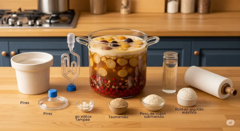 Bancada de cozinha com equipamentos essenciais para fermentação caseira, como pote de vidro, pesos de vidro e uma válvula airlock, mostrando as opções para iniciantes.
