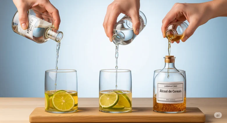 Comparativo de álcoois para licores, mostrando infusão de limão em Cachaça, Vodka e Álcool de Cereais, ilustrando o guia do Clicasim.com.