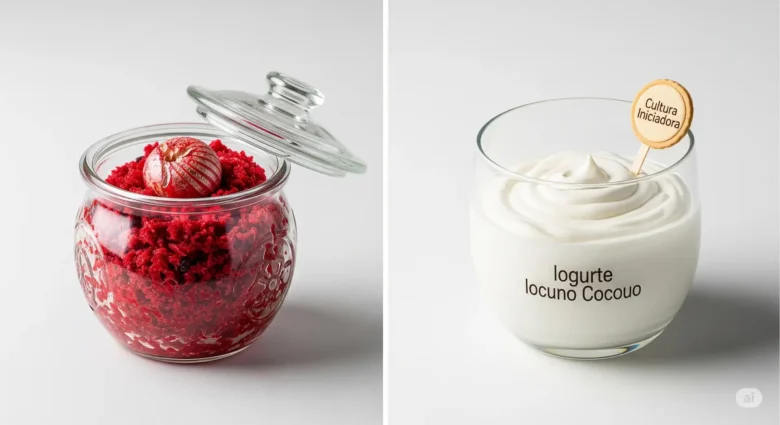 Imagem comparativa mostrando a diferença entre fermentação selvagem, com um pote de chucrute roxo, e o uso de cultura iniciadora, com um copo de iogurte branco cremoso.