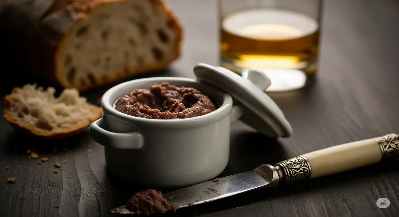 Um pote de cerâmica com a receita caseira de Gentleman's Relish, uma pasta de anchovas vitoriana, ao lado de uma faca de prata e uma torrada.