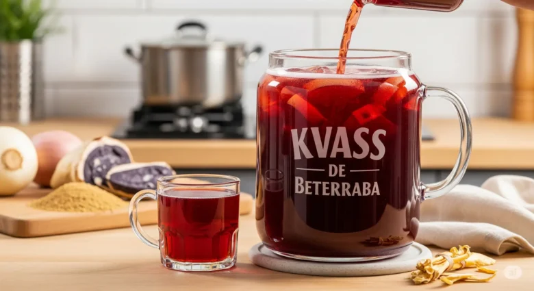 Pote de vidro com Kvass de Beterraba caseiro, de cor rubi vibrante, ao lado de um copo servido, mostrando como fazer esta bebida probiótica em casa.