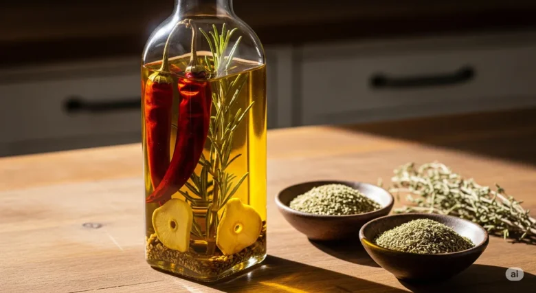 Uma garrafa de azeite aromatizado de forma segura, contendo apenas ervas secas e pimentas desidratadas, em uma bancada de cozinha iluminada.