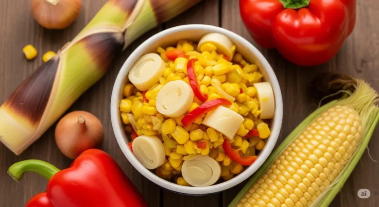 Uma tigela de cerâmica cheia do vibrante Piccalilli Brasileiro, mostrando os pedaços de palmito e milho no molho amarelo, com ingredientes frescos ao lado.