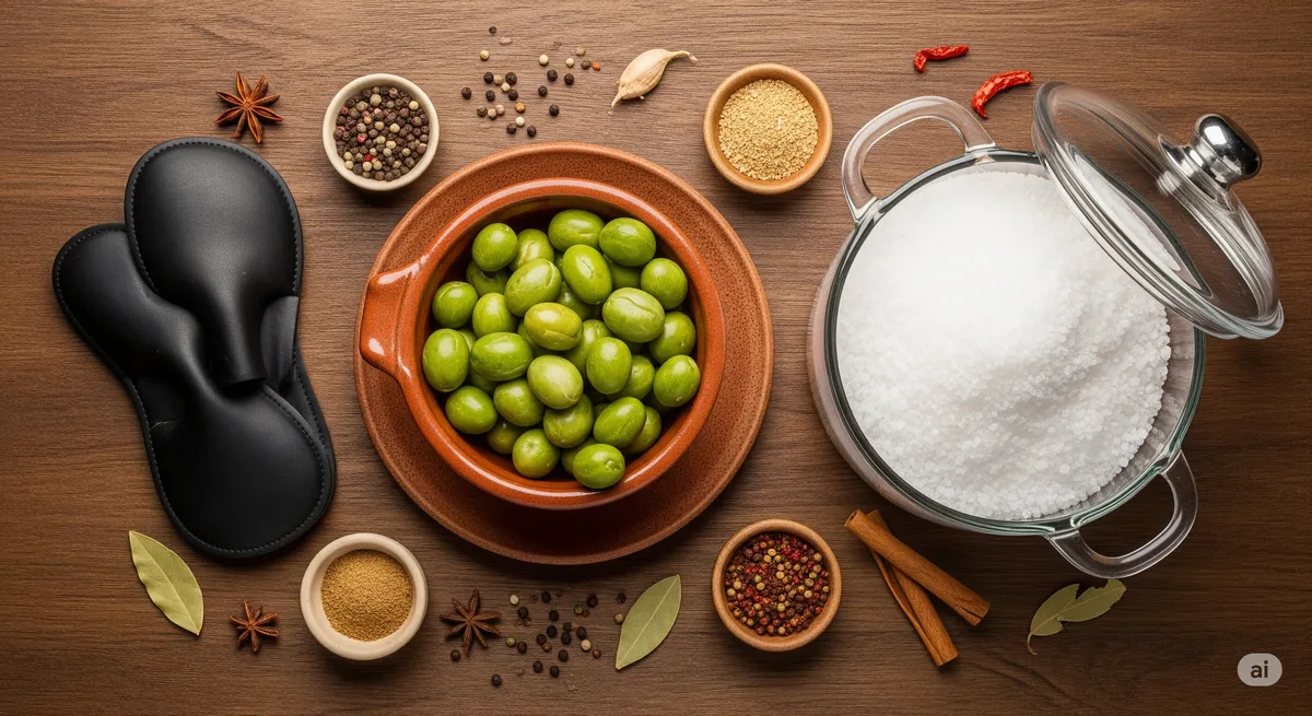Flat lay com ingredientes para fazer pickled walnuts: nozes verdes em uma tigela de cerâmica, sal grosso, luvas e especiarias sobre uma mesa de madeira.