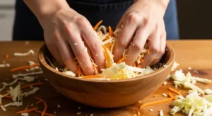Mãos de um cozinheiro massageando repolho e cenoura ralados com sal em uma tigela para iniciar o processo de fermentação do curtido salvadorenho autêntico.