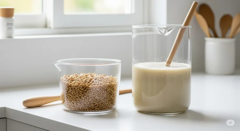 Potes de vidro mostrando o processo de fazer Rejuvelac: um pote com grãos de trigo germinados e outro com o líquido probiótico já pronto.