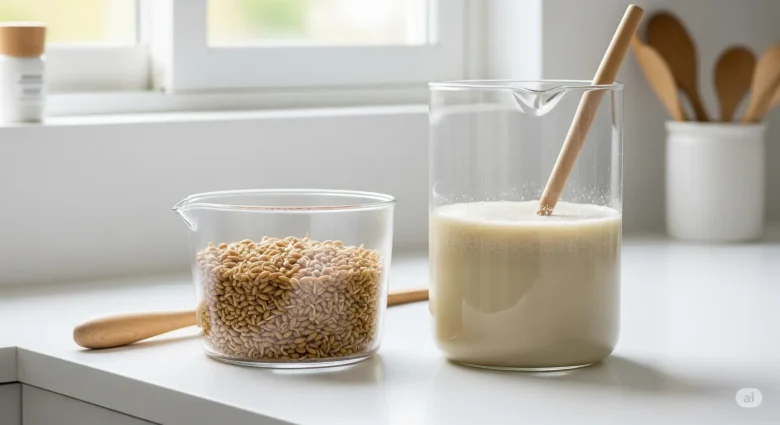 Potes de vidro mostrando o processo de fazer Rejuvelac: um pote com grãos de trigo germinados e outro com o líquido probiótico já pronto.