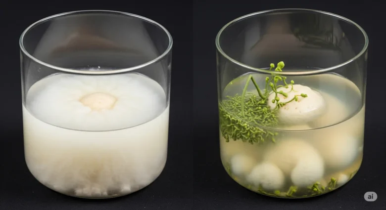 Comparativo visual entre um pote de fermentado com Kahm Yeast (inofensiva) e outro com mofo (perigoso), ilustrando o guia de segurança na fermentação.