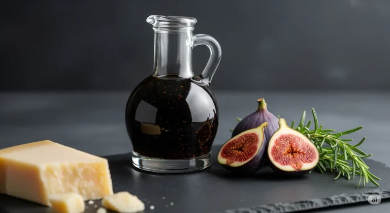 Garrafa de vidro com vinagre balsâmico infusionado com figos, ao lado de figos frescos, alecrim e um pedaço de queijo parmesão sobre uma superfície escura.