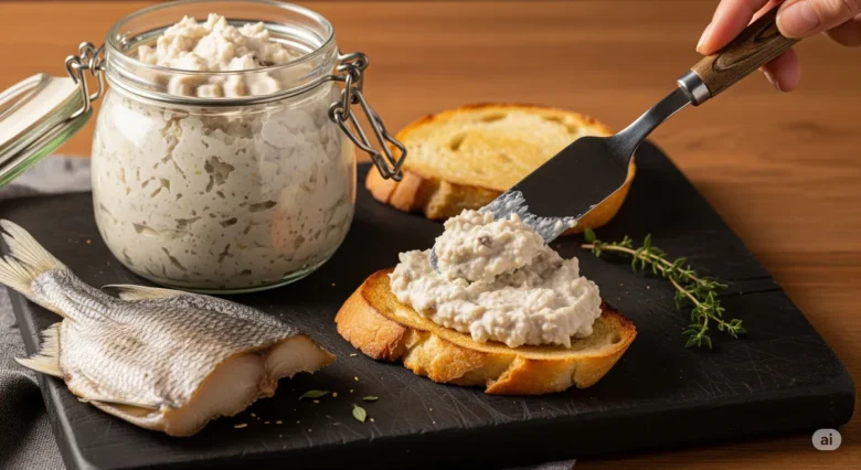 Pote com brandade cremosa de peixe amazônico, com uma porção sendo espalhada em uma fatia de pão tostado.