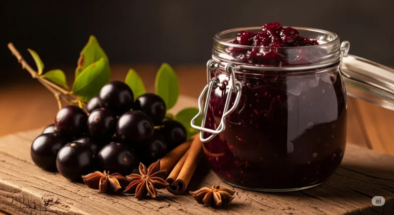 Um pote de vidro com chutney de jabuticaba artesanal, ao lado de jabuticabas frescas e especiarias sobre uma mesa de madeira.
