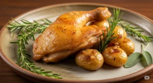 Um pedaço de confit de frango com a pele dourada e crocante, servido em um prato rústico com batatas assadas e ervas brasileiras frescas.