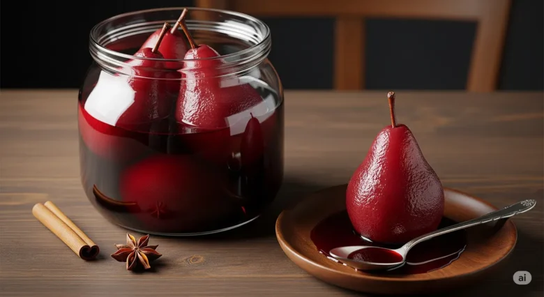 Um pote de vidro com conserva de peras ao vinho tinto e especiarias, ao lado de uma pera servida em um prato, em uma mesa de madeira escura.