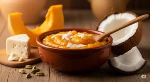 Uma tigela de cerâmica rústica com doce de abóbora cremoso com coco, ao lado de um pedaço de queijo minas, uma fatia de abóbora e sementes de cardamomo.