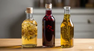 Três garrafas lado a lado mostrando os três tipos de infusão: um licor de flores, um vinagre de frutas e um azeite de ervas.