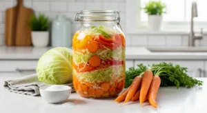 Um pote de vidro com vegetais fermentando em uma bancada de cozinha limpa, ao lado dos ingredientes frescos, ilustrando o guia de fermentação para iniciantes.