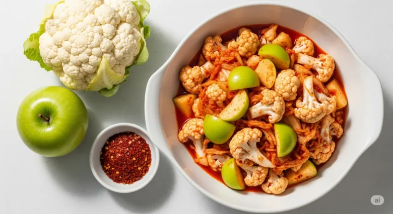 Uma tigela branca cheia de Kimchi de Couve-Flor e Maçã Verde, mostrando a cor vibrante da pasta de pimenta nos floretes, com ingredientes frescos ao lado.