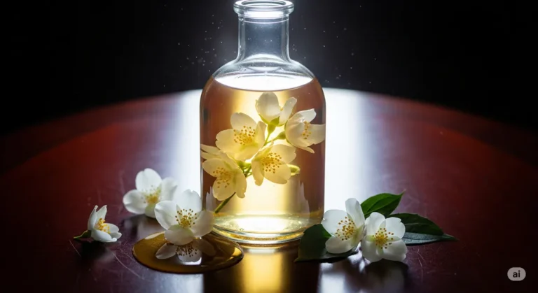 Uma elegante garrafa de vidro com licor dourado de jasmim, ao lado de um pequeno pote de mel e flores de jasmim frescas sobre uma superfície escura.