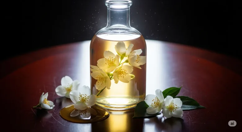 Uma elegante garrafa de vidro com licor dourado de jasmim, ao lado de um pequeno pote de mel e flores de jasmim frescas sobre uma superfície escura.