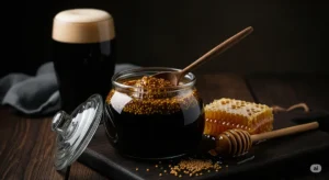 Um pote de mostarda fermentada escura e granulada, ao lado de sementes de mostarda, mel e um copo de cerveja Stout.