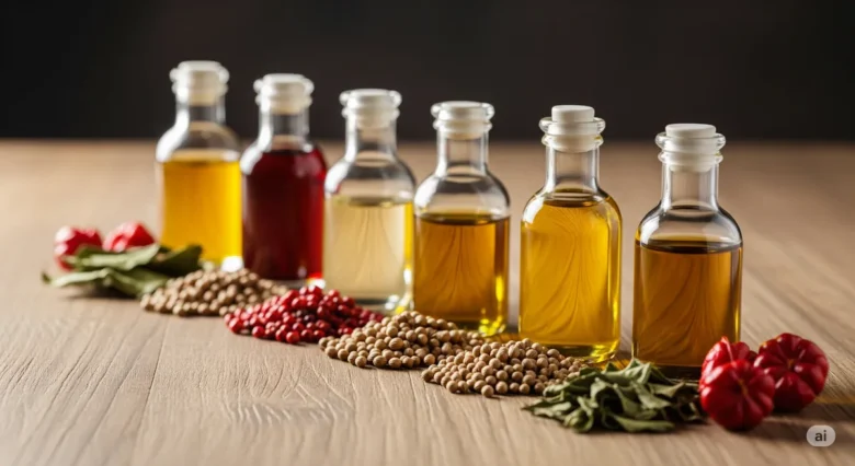 Garrafas de azeite infusionado com diferentes ervas brasileiras desidratadas, como pimenta rosa e sementes de coentro, sobre uma mesa de madeira.