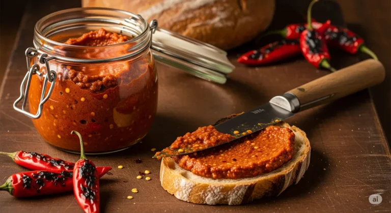 Um pote com pasta fermentada de pimentões assados, com uma faca espalhando a pasta sobre uma fatia de pão tostado.
