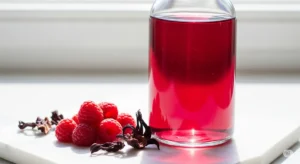 Garrafa de vidro com vinagre artesanal de frutas vermelhas e hibisco, de cor rubi intensa, contra a luz, ao lado dos ingredientes frescos.