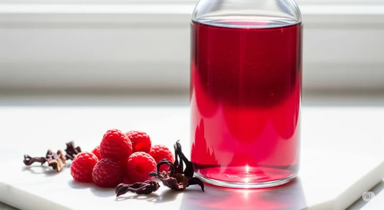 Garrafa de vidro com vinagre artesanal de frutas vermelhas e hibisco, de cor rubi intensa, contra a luz, ao lado dos ingredientes frescos.