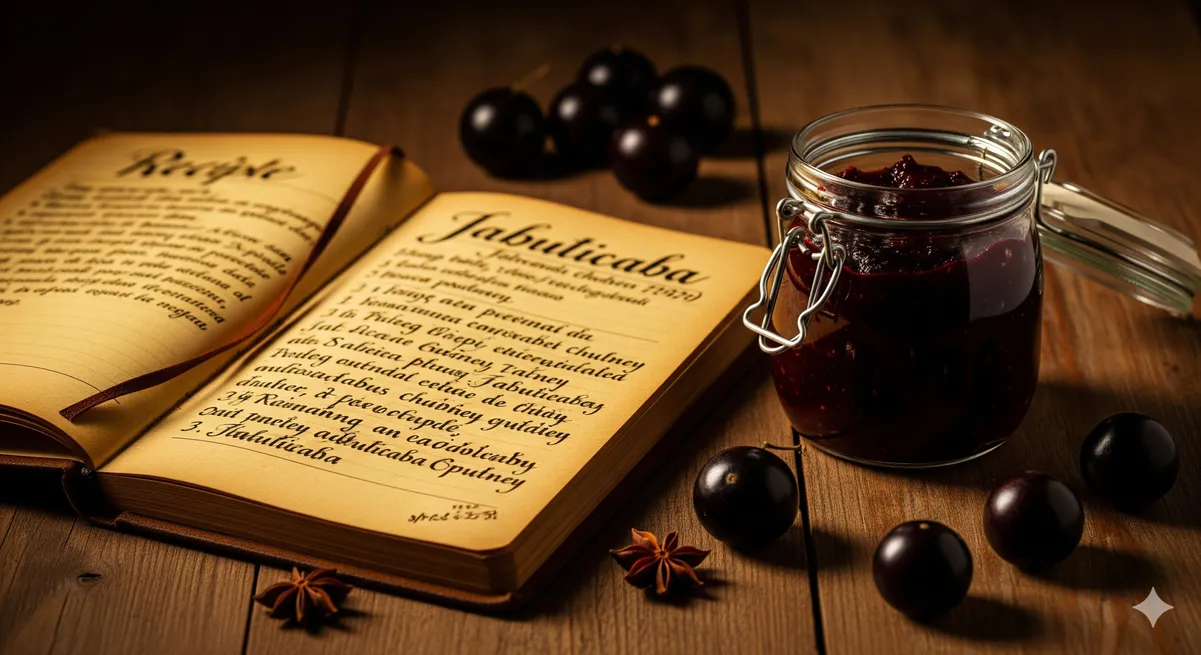 A história do Clicasim: um antigo caderno de receitas ao lado de um pote de chutney de jabuticaba caseiro, simbolizando o resgate da tradição.