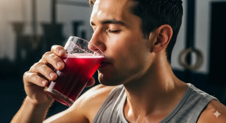 Atleta se hidratando com uma bebida fermentada natural durante uma pausa no treino, demonstrando os benefícios para a performance esportiva.