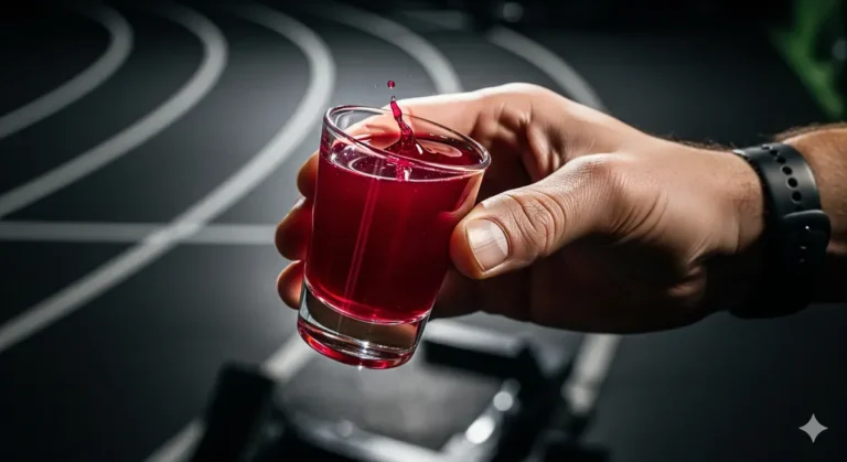 Atleta segurando um shot de Kvass de Beterraba antes do treino, usando a bebida como um pré-treino natural para aumentar a resistência.