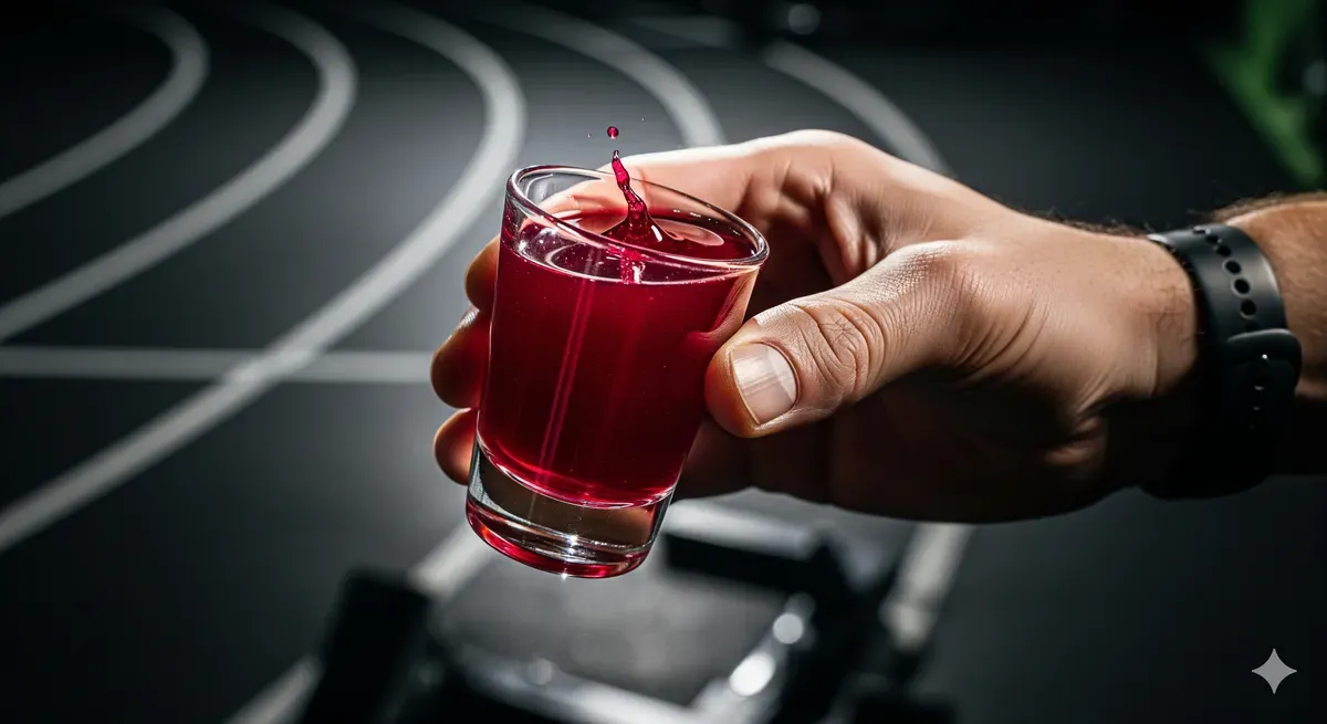 Atleta segurando um shot de Kvass de Beterraba antes do treino, usando a bebida como um pré-treino natural para aumentar a resistência.