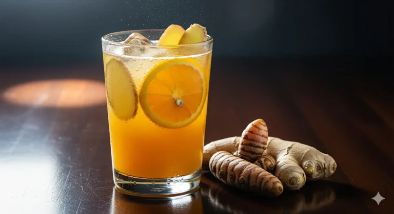Bebida probiótica de Kefir de Água com Cúrcuma e Gengibre em um copo, servida como um anti-inflamatório natural para a recuperação muscular de atletas.
