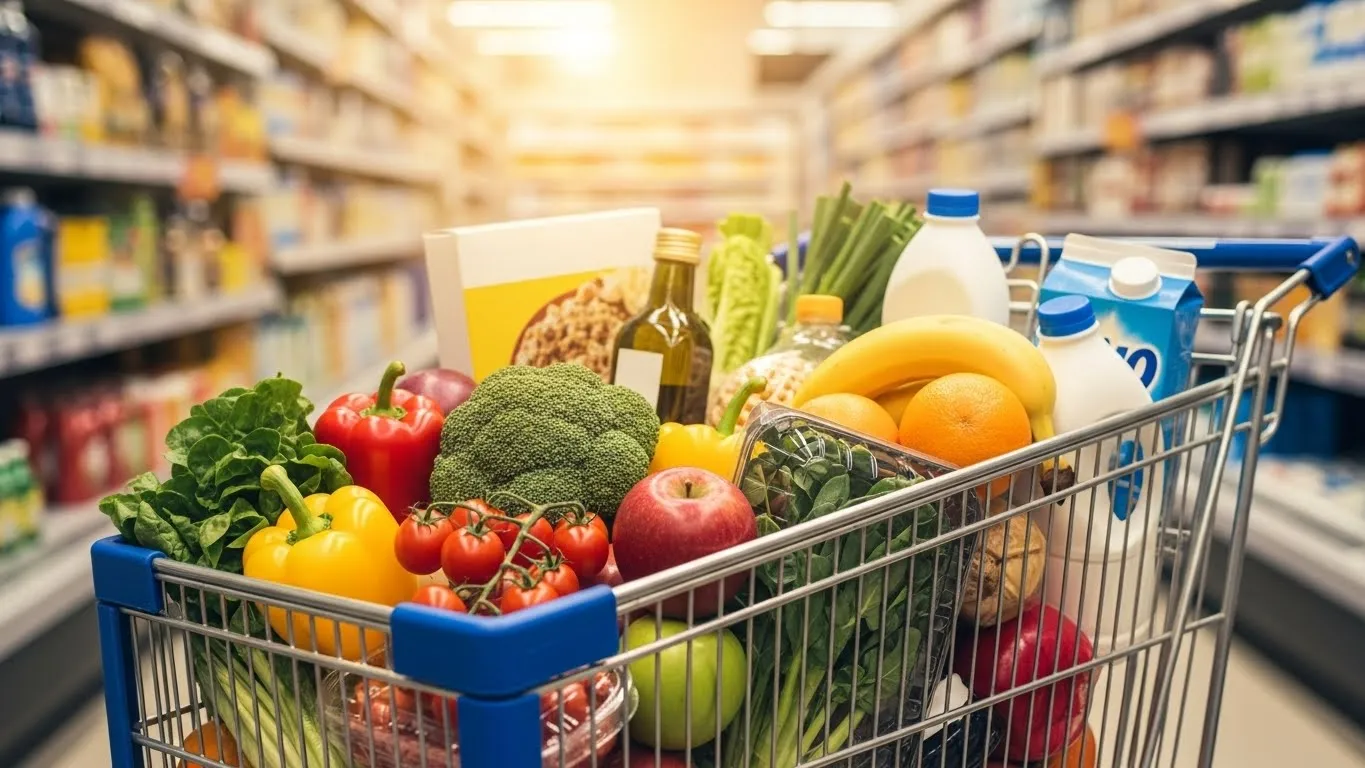 Cliente analisando produtos no supermercado para economizar na compra do mês.