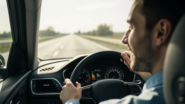 Painel de carro indicando economia de combustível e motorista satisfeito.