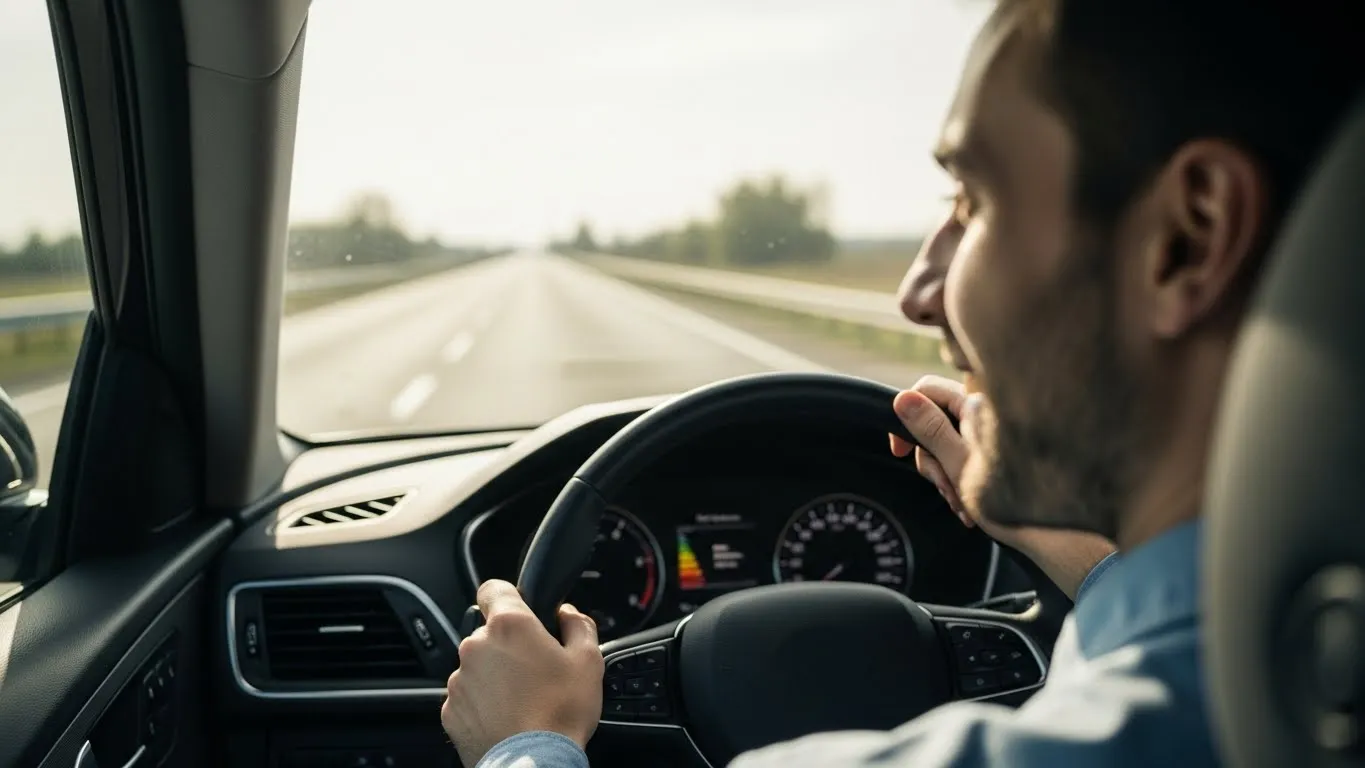 Painel de carro indicando economia de combustível e motorista satisfeito.