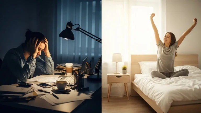 Comparação entre uma pessoa cansada e improdutiva versus uma pessoa descansada e produtiva após uma boa noite de sono.